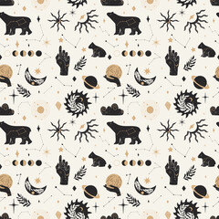 Wall Mural - seamless pattern of mystical and astrology objects in boho style. vector illustration.