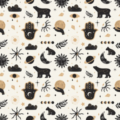 Wall Mural - seamless pattern of mystical and astrology objects in boho style. trendy vector illustration.