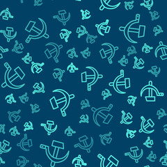 Sticker - Green line Hammer and sickle USSR icon isolated seamless pattern on blue background. Symbol Soviet Union. Vector.