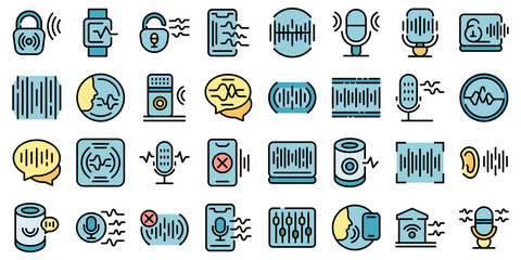 Sticker - Speech recognition icons set. Outline set of speech recognition vector icons thin line color flat on white