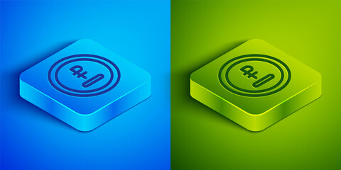 Isometric line Rouble, ruble currency coin icon isolated on blue and green background. Russian symbol. Square button. Vector.