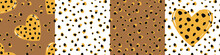 Set Of Trendy Seamless Patterns Of Yellow Brown Leopard Spots And Hearts For Festive Wrapping Paper, Fabric, Textile, Bedding, Bedspread. Vector Illustration.