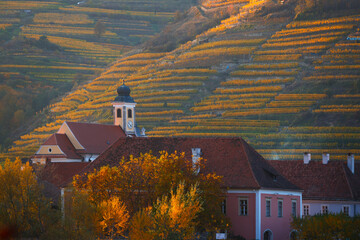 Wall Mural - autumn view of small austrian village on a river bank