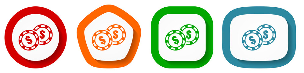 Leinwandbilder - Casino chips vector icon set, flat design buttons on white background