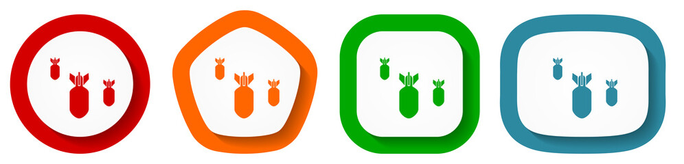 Leinwandbilder - Bomb, war, military, weapon vector icon set, flat design buttons on white background