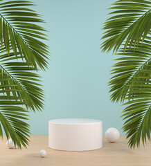 Mockup Podium On Wood Floor And Tropical Palm Leaf Abstract Background 3d Render