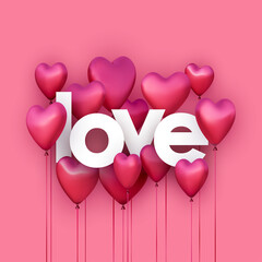 Canvas Print - Paper love sign with pink heart balloons.