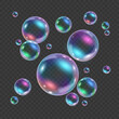 © svetolk - Rainbow colorful underwater bubble isolated on transparent background. Realistic vector illustration of air or soap water bubbles with reflections. Floating iridescent shiny shampoo foam balls