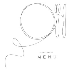 Wall Mural - Menu restaurant background with plate, fork and knife, vector illustration