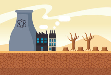 Wall Mural - climate change effect city scape desertic scene with chimney factory