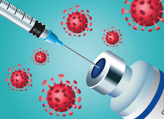 covid19 virus vaccine injection and vial with particles