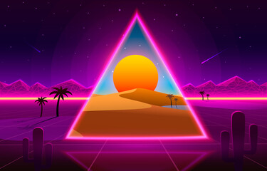 Wall Mural - Retro wave Desert neon cover with oasis and palm trees. Nature background. Vector