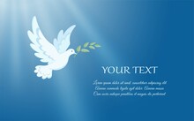 White Dove Flying Against The Blue Sky. Hands Are Raised Up And Dove Soaring In The Rays Of Light. Dove Is Christian Religious Symbol, Symbol Of Peace And Love. Vertical Banner. Vector Illustration