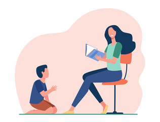 Poster - Smiling mother sitting and reading book to son. Study, chair, kid flat vector illustration. Motherhood and family concept for banner, website design or landing web page