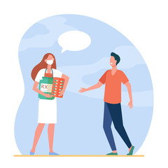 Pharmacist in mask carrying pills to patient. Doctor, prescription, tablet flat vector illustration. Medications and healthcare concept for banner, website design or landing web page