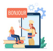 © PCH.Vector - Young woman learning French cuisine online. Stack of books, digital device, chef on screen. Flat vector illustration. Online course, cooking concept for banner, website design or landing web page