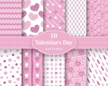 Ten Seamless Love Patterns. Romantic Backgrounds For Valentines Or Wedding Day. Endless Texture For Wallpaper, Web Page, Wrapping Paper. Scrapbooking, Print, Gift Wrap