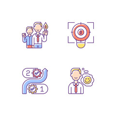 Sticker - Company mission RGB color icons set. Innovation, project development. Flexibility, business transparency. Service integrity. Core corporate culture. Positive attitude. Isolated vector illustrations