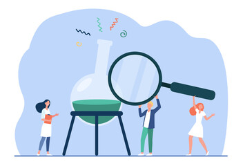 Wall Mural - Tiny scientist examining solution in flask. Magnifier, glass, lab flat vector illustration. Medical research and science concept for banner, website design or landing web page