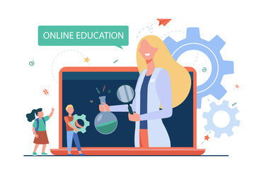 Wall Mural - tiny kids listening lesson via laptop. elementary, e-learning, teacher flat vector illustration. onl
