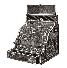 Antique Cash Register With Floral Ornaments, In Three-quarter Front View. Illustration After Engraving From 19th Century