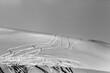 Snowy off-piste ski slope with trace from skis and snowboards at winter night