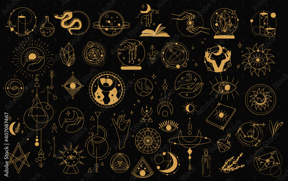 Witch Magic, Mystical and Astrology objects symbols. Doodle esoteric, boho mystical hand drawn elements. Magic and witchcraft, witch esoteric alchemy. Isolated Minimalistic objects.Vector illustration - obrazy, fototapety, plakaty 