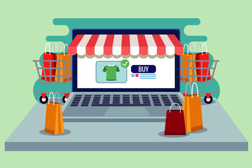 online shopping technology in laptop with shopping bags and carts