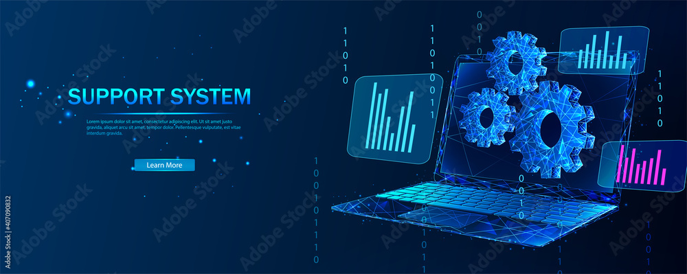 Technical support system. Remote access and control of a desktop computer or laptop via an Internet connection.  Software development. Abstract vector in futuristic polygonal style with wireframe.  - obrazy, fototapety, plakaty 
