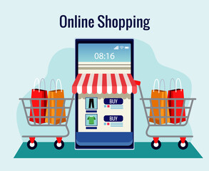 Poster - online shopping with store facade in smartphone and carts