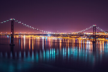 Wall Mural - incredible night landscape. Night road bridge and starry sky. bridge over the river at night. night photo of nature