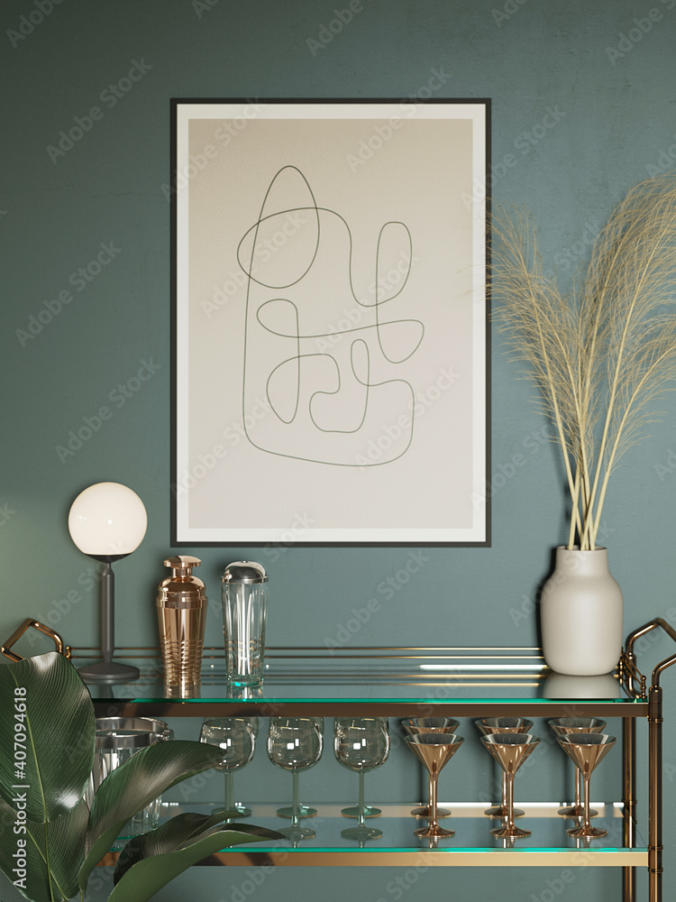 3d render of a modern pale green with a mini bar trolley with glasses a minimal lines art frame and a vase with pampas grass - obrazy, fototapety, plakaty 