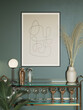 © Michael - 3d render of a modern pale green with a mini bar trolley with glasses a minimal lines art frame and a vase with pampas grass