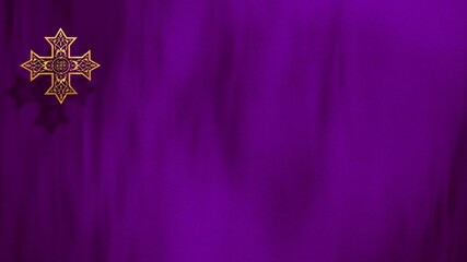 Wall Mural - Liturgic purple velvet with golden Christian Coptic Orthodox Cross. 3D illustration background for worship live stream church sermon. Concept for Cross of Our Lord, Lent, Great and Holy Thursday.