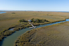 Aerial View Of Secluded House On Low Island On The Coast Of South Carolina Near Beaufort.