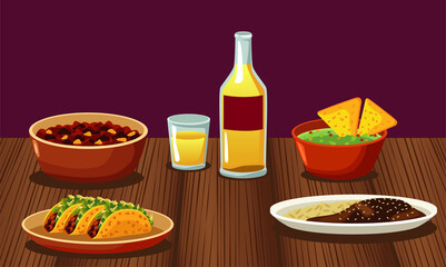 Wall Mural - mexican food restaurant poster with menu and tequila in wooden table