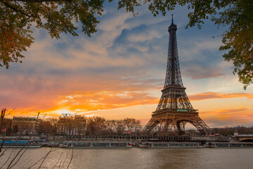 Wall Mural - Paris Eiffel Tower and river Seine in Paris, France. Eiffel Tower is one of the most iconic landmarks of Paris