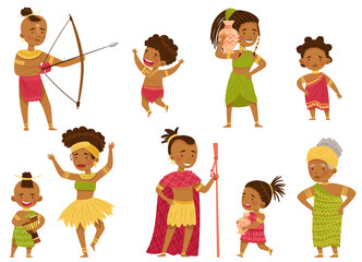 Wall Mural - African People Characters with Kids in Traditional Tribal Clothing Vector Set