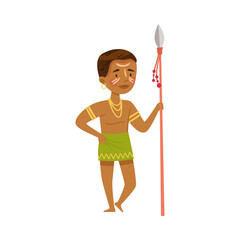 Wall Mural - African Man Character in Traditional Tribal Clothing Holding Spear Vector Illustration