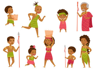 African People Characters with Kids in Traditional Tribal Clothing Vector Set