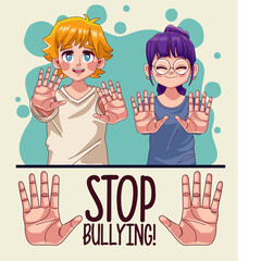 Wall Mural - young couple with stop bullying lettering and hands stoping