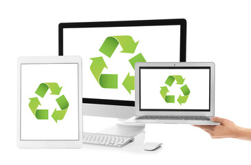 Different modern devices with recycling signs on screens against white background. Ecology concept