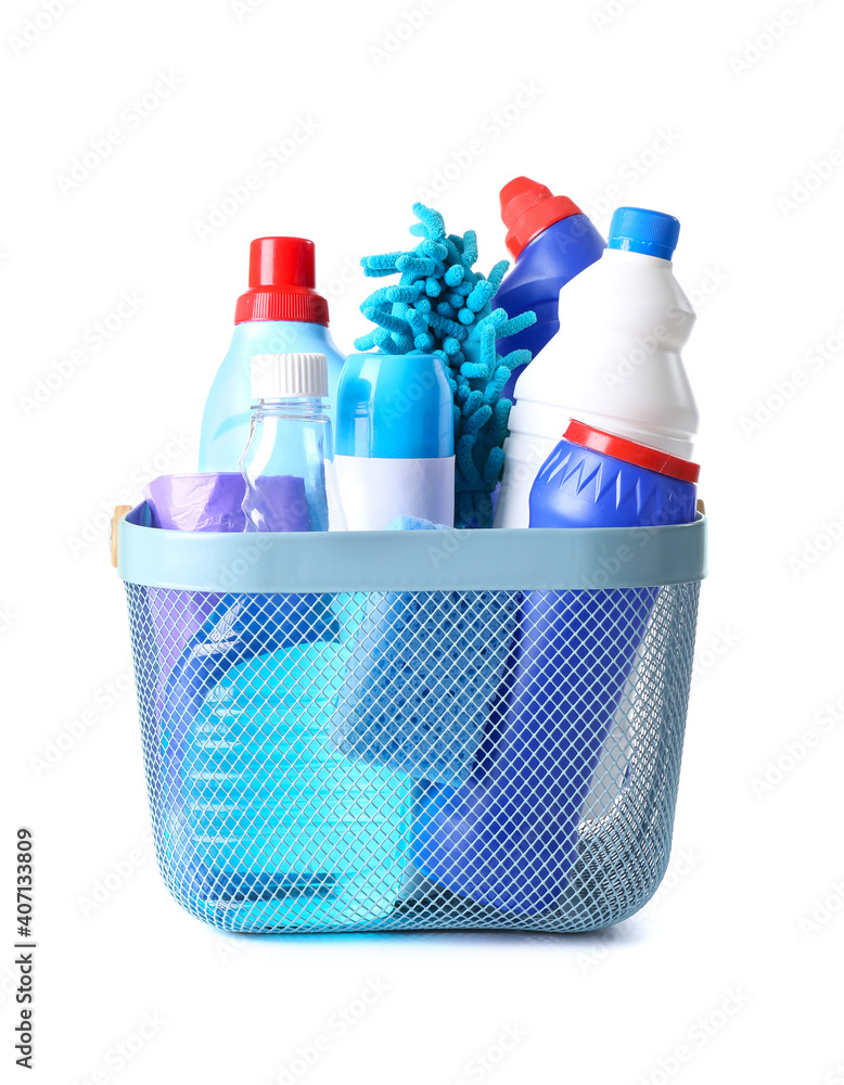 Set of cleaning supplies on white background