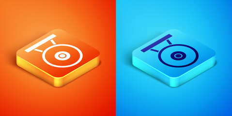 Poster - Isometric Gong musical percussion instrument circular metal disc icon isolated on orange and blue background. Vector.