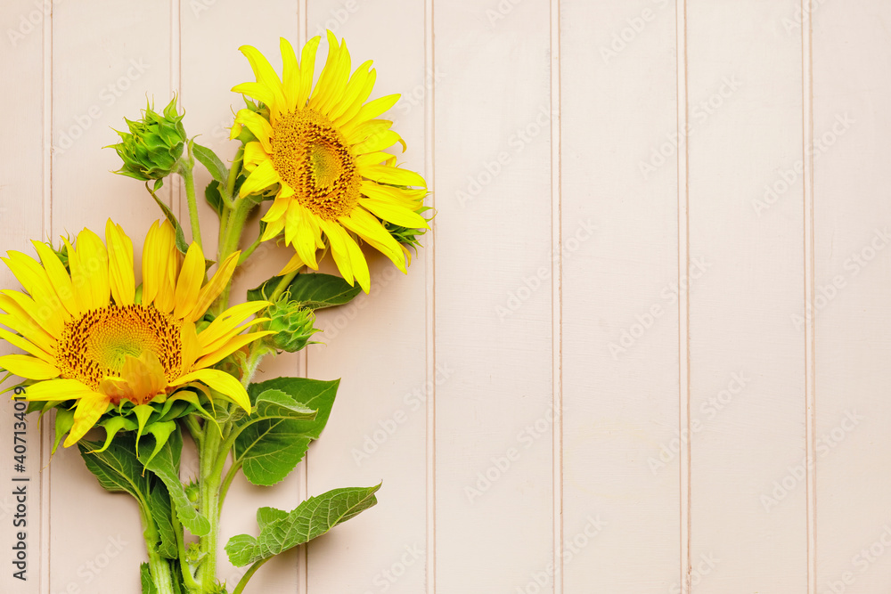 Beautiful sunflowers on light wooden background