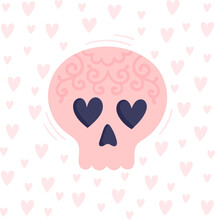 Pink Skull With Eyes With Hearts. Attributes For Witchcraft And Magic, Day Of The Dead. Love Spell. Vector Hand Illustration Isolated On White Background