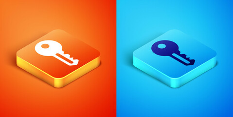 Wall Mural - Isometric House key icon isolated on orange and blue background. Vector.