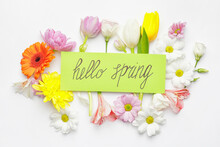 Card With Text HELLO SPRING And Beautiful Flowers On White Background
