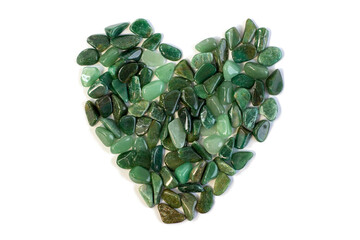 Macrophoto of natural mineral rock specimen - tumbled green aventurine gemstone heart shape isolated on white background