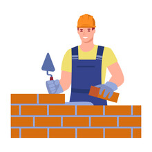 A Male Bricklayer Worker In Uniform Is Building A Wall. Bricklayer Services. Vector Concept. Illustration In Flat Cartoon Style.